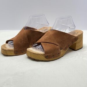 Kork-Ease Women's Tatum Heeled Peep‎ Toe Leather Wood Sole Sandals Size 11M